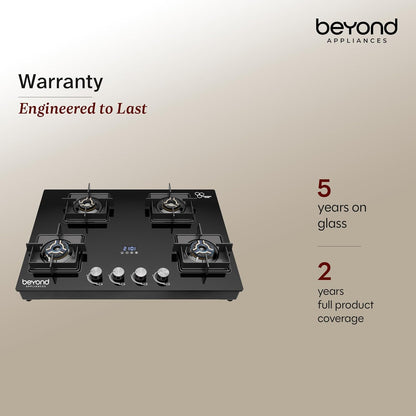 Beyond Appliances Solaria 4 Burner Smart Gas Stove | Auto Ignition| Digital Timer & Flame Failure Device | Full Brass Burners | Toughened Glass | ISI Certified |