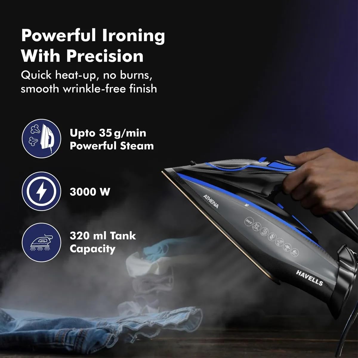 Havells Athena 3000 W Steam Iron with Smart i Sense Technology | No Fabric Burn| Black, Blue |