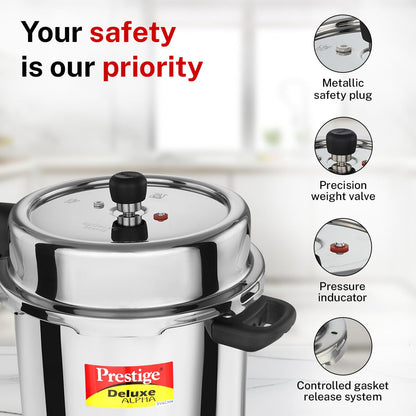 Prestige Deluxe Alpha Stainless Steel Pressure Cooker | 10 Litre | 10 Years Warranty | Large |
