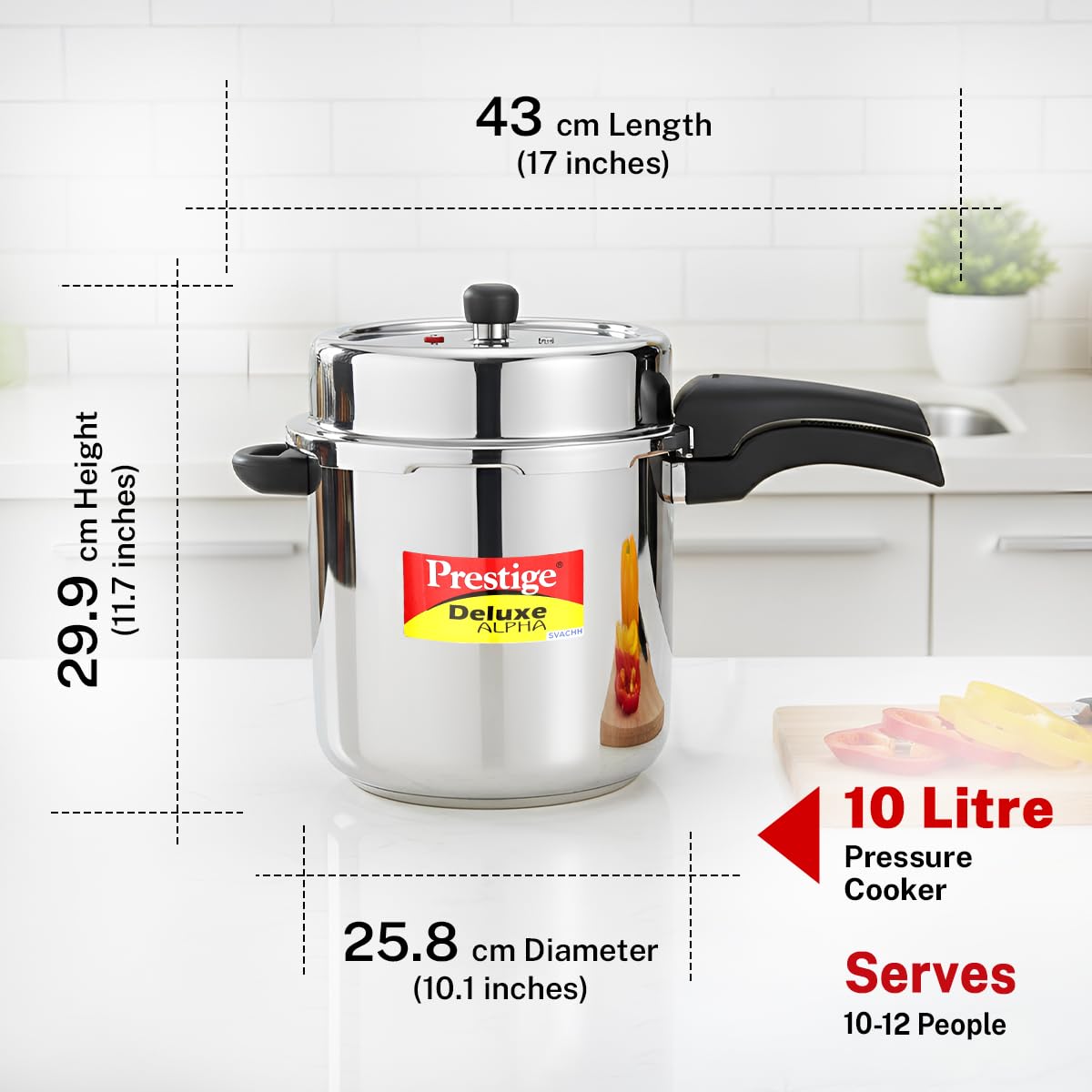Prestige Deluxe Alpha Stainless Steel Pressure Cooker | 10 Litre | 10 Years Warranty | Large |