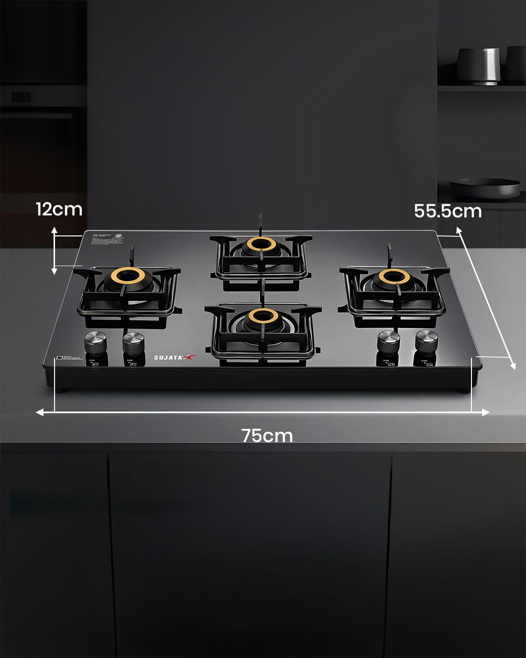Sujata Maestro Premium Cross Gas Stove | 4 Burners | 9 Year Warranty |  360° Rotating Brass Nozzle | Black |