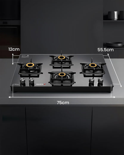 Sujata Maestro Premium Cross Gas Stove | 4 Burners | 9 Year Warranty |  360° Rotating Brass Nozzle | Black |