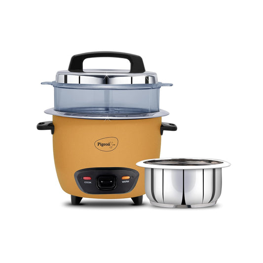 Pigeon Inox Pro Rice Cooker with Steamer | Stainless Steel Lid | 1 Steel Cooking Pot | Measuring Cup & Spatula |