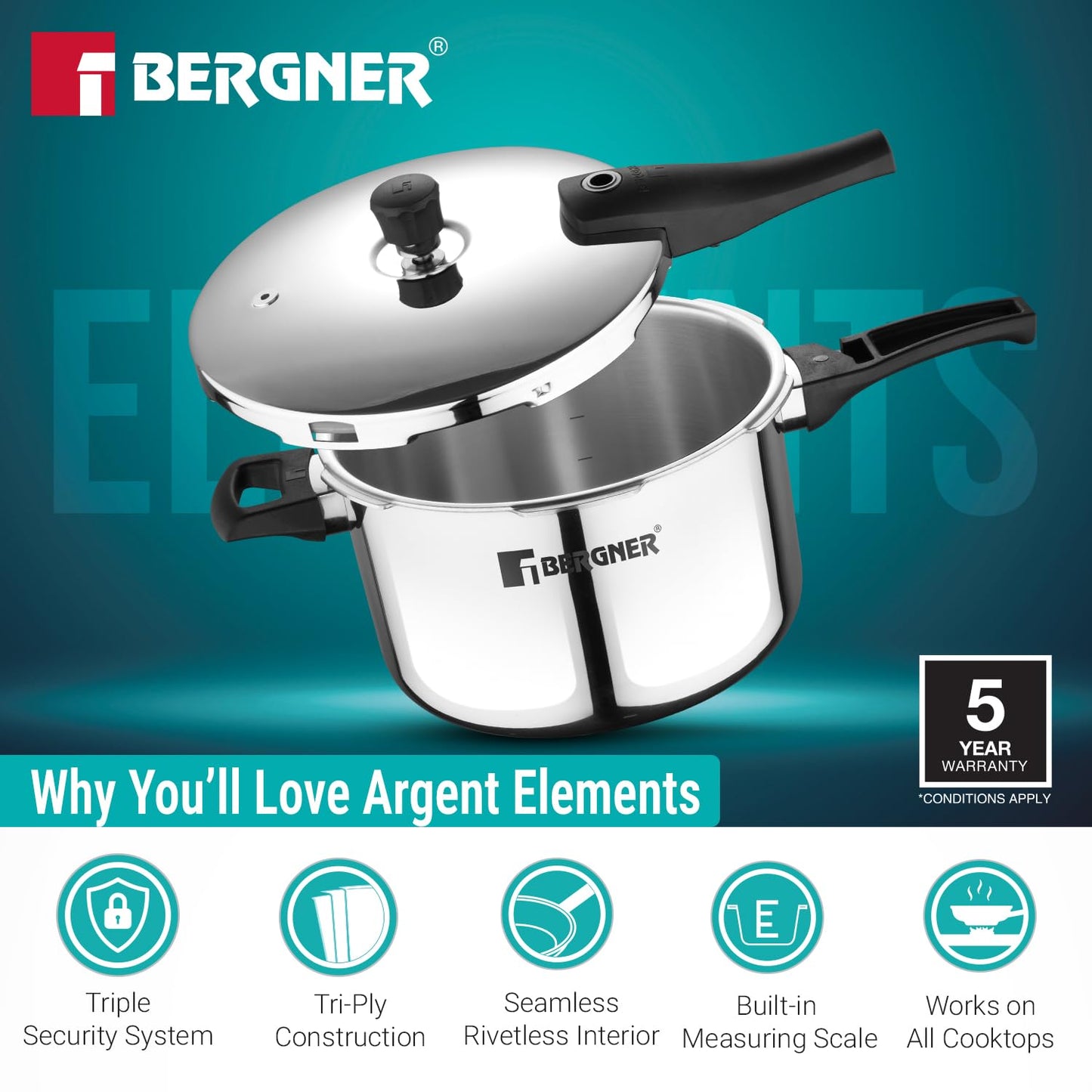 Bergner Argent Elements Triply Stainless Steel | 3.5 L | Outer Lid Pressure Cooker