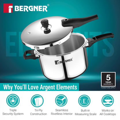 Bergner Argent Elements Triply Stainless Steel | 3.5 L | Outer Lid Pressure Cooker