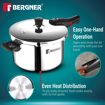 Bergner Argent Elements Triply Stainless Steel | 3.5 L | Outer Lid Pressure Cooker