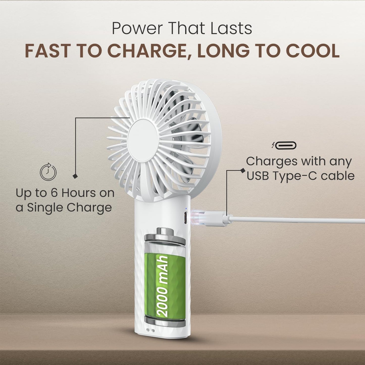 Portronics Toofan Mini 2 Portable Fan | 6 Speeds | for Travel & Office Use | Lightweight & Compact | White |