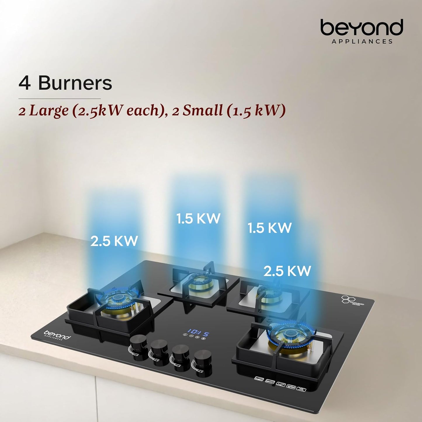 Beyond Appliances Dorado 4 Burner Smart Glass Hobtop Gas Stove | Auto Ignition | Digital Timer |