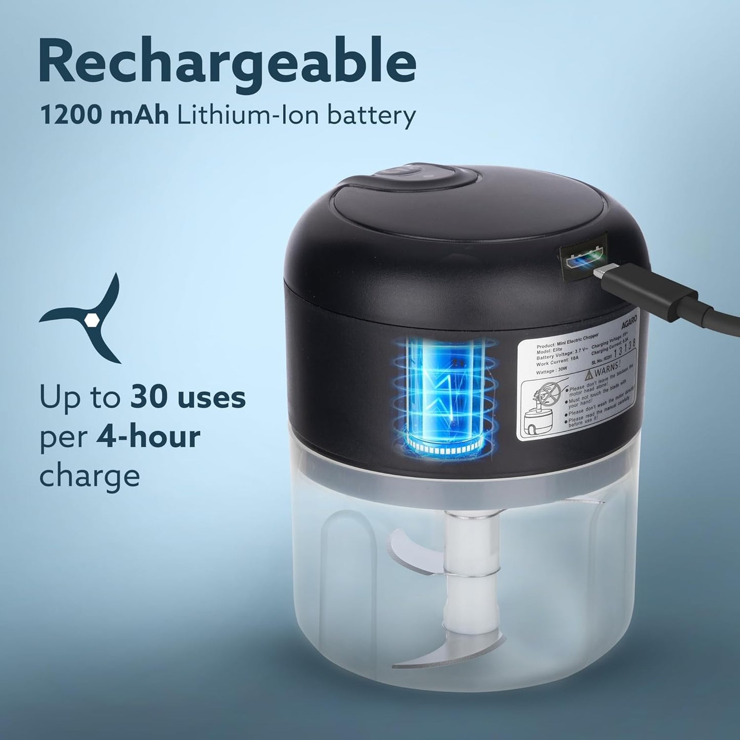Agaro Elite Mini Rechargeable Mini Electric Chopper | Black | 1 Touch Operation | Black |