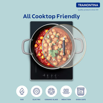 Tramontina Velo Forged Deep Kadai | 24 cm | Glass Lid | Silicone Grip Handles | Cook & Serve |