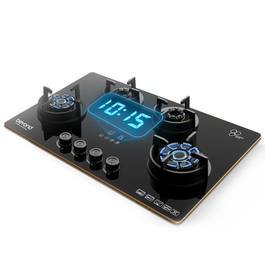 Beyond Appliances Altair 4 Burner Glass Gas Stove | Auto Ignition | Digital Timer | Toughened Glass |