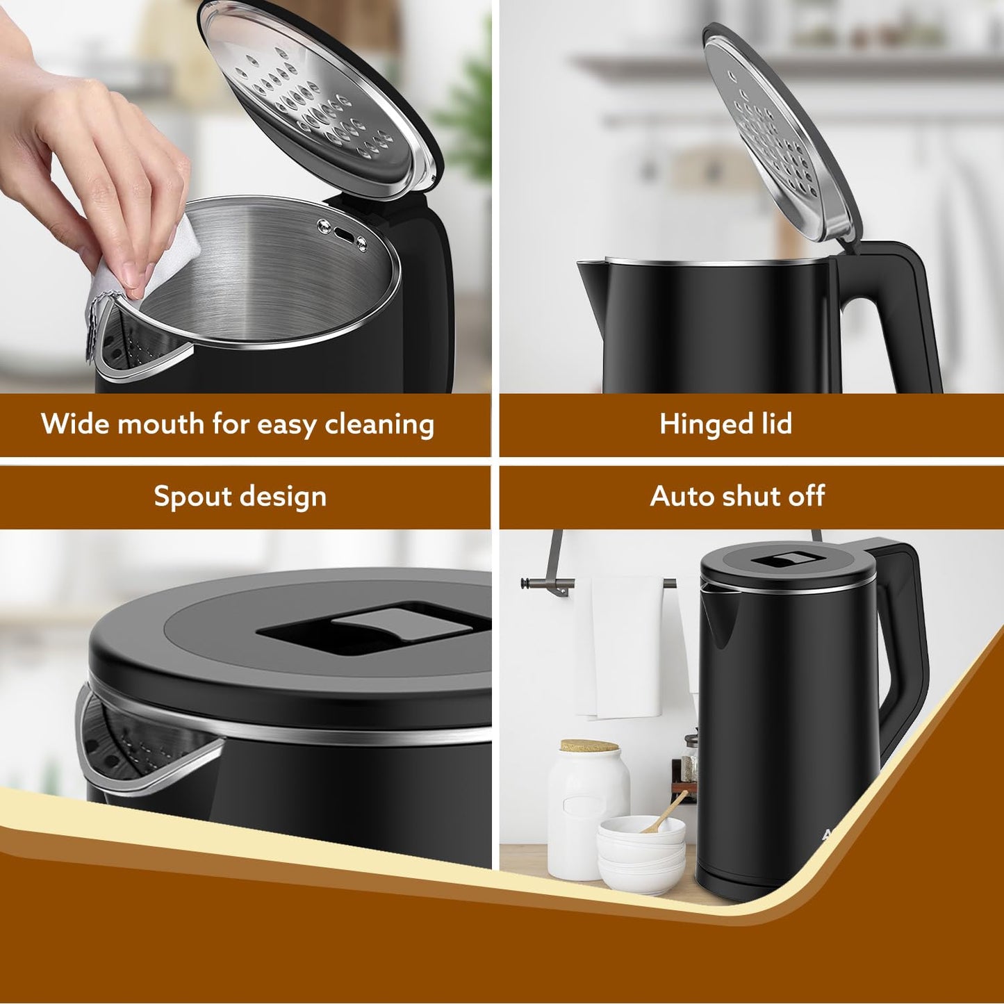 Agaro Elegant Stainless Steel Electric Kettle | 1.8 Litre | Black | Auto-Shut off |