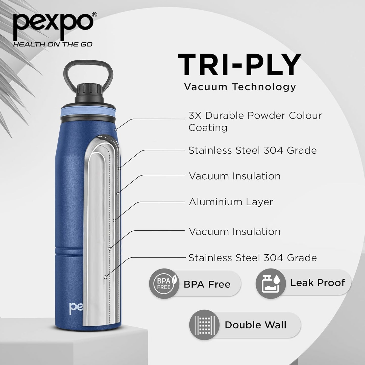 Pexpo Altros Stainless Steel Hot & Cold Vacuum Insulated Flask | 800ml | Blue |
