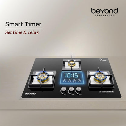 Beyond Appliances Dorado 3 Burner Smart Glass Hobtop Gas Stove | Auto Ignition | Digital Timer |