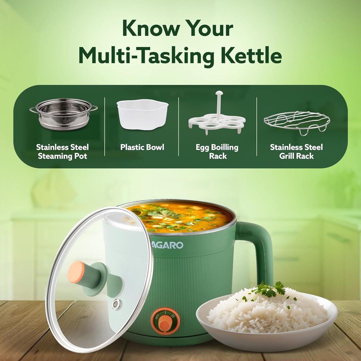 Agaro Regency Multi Cook Kettle With Steamer | 1.2 L | Sea Green | 600 W |
