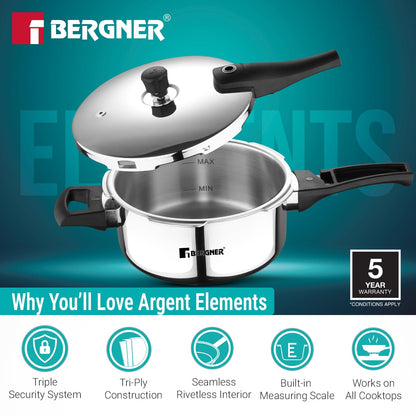Bergner Argent Elements Triply Stainless Steel | 3.5 L | Outer Lid Pressure Pan |