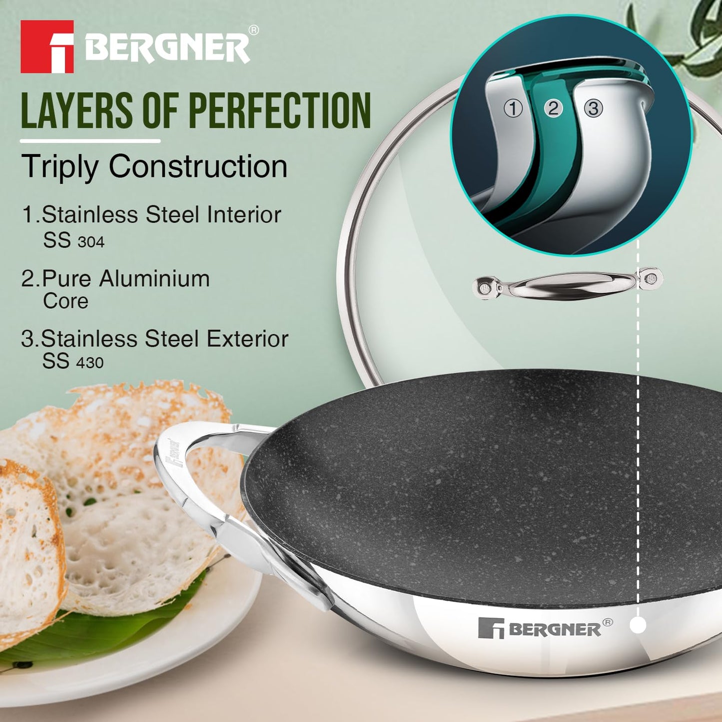 Bergner Argent Samsara Triply Non-Stick Appachetty with Glass Lid | 21 cm | Healthy Cooking |