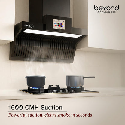 Beyond Orion Auto Clean Kitchen Chimney | 1600 CMH Suction | Filterless | Smart Touchscreen Display & Speaker |