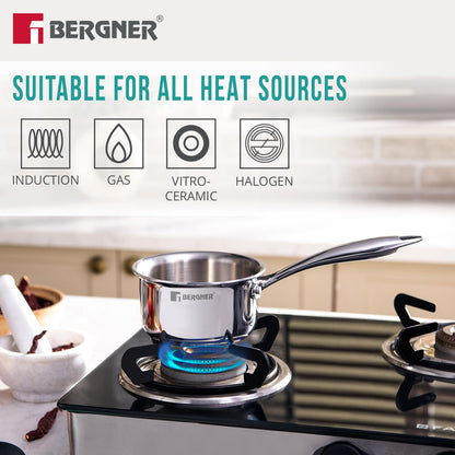 Bergner Argent Junior Chef TriPly Stainless Steel Sauce Pan with Lid | 800 ml | Silver |