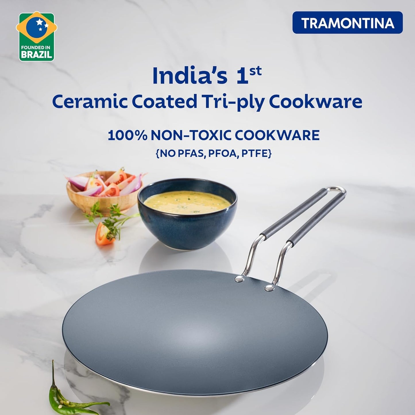 Tramontina Fusao Ex Triply Stainless Steel Ceramic Coated Concave Tawa |  26 cm | 10 Year Warranty |