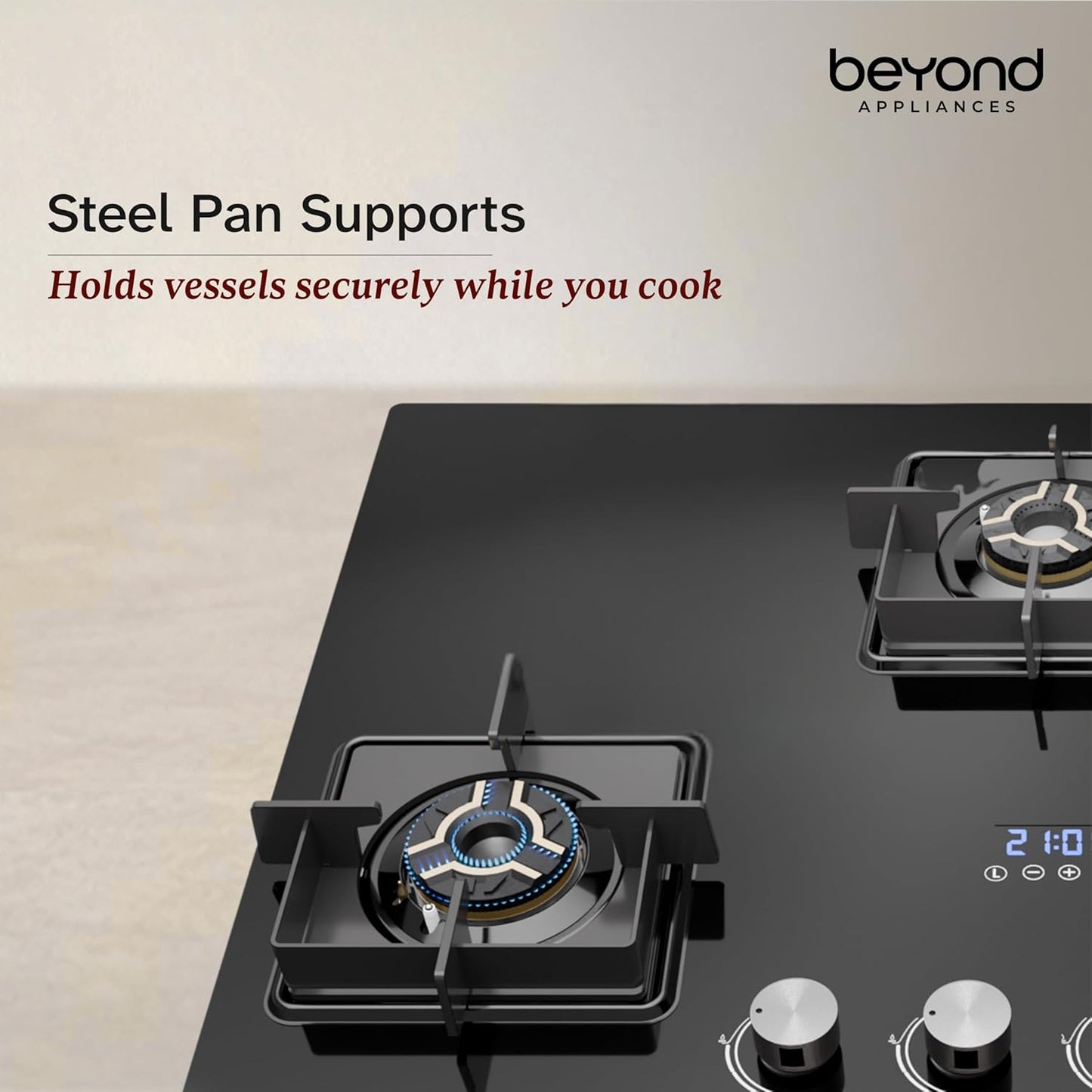 Beyond Appliances Solaria 3 Burner Smart Gas Stove | Auto Ignition| Digital Timer & Flame Failure Device | Full Brass Burners | Toughened Glass | ISI Certified |