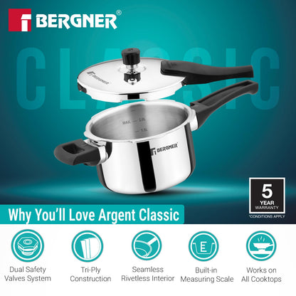 Bergner Argent Triply Stainless Steel Pressure Cooker | 2.5 Ltr |