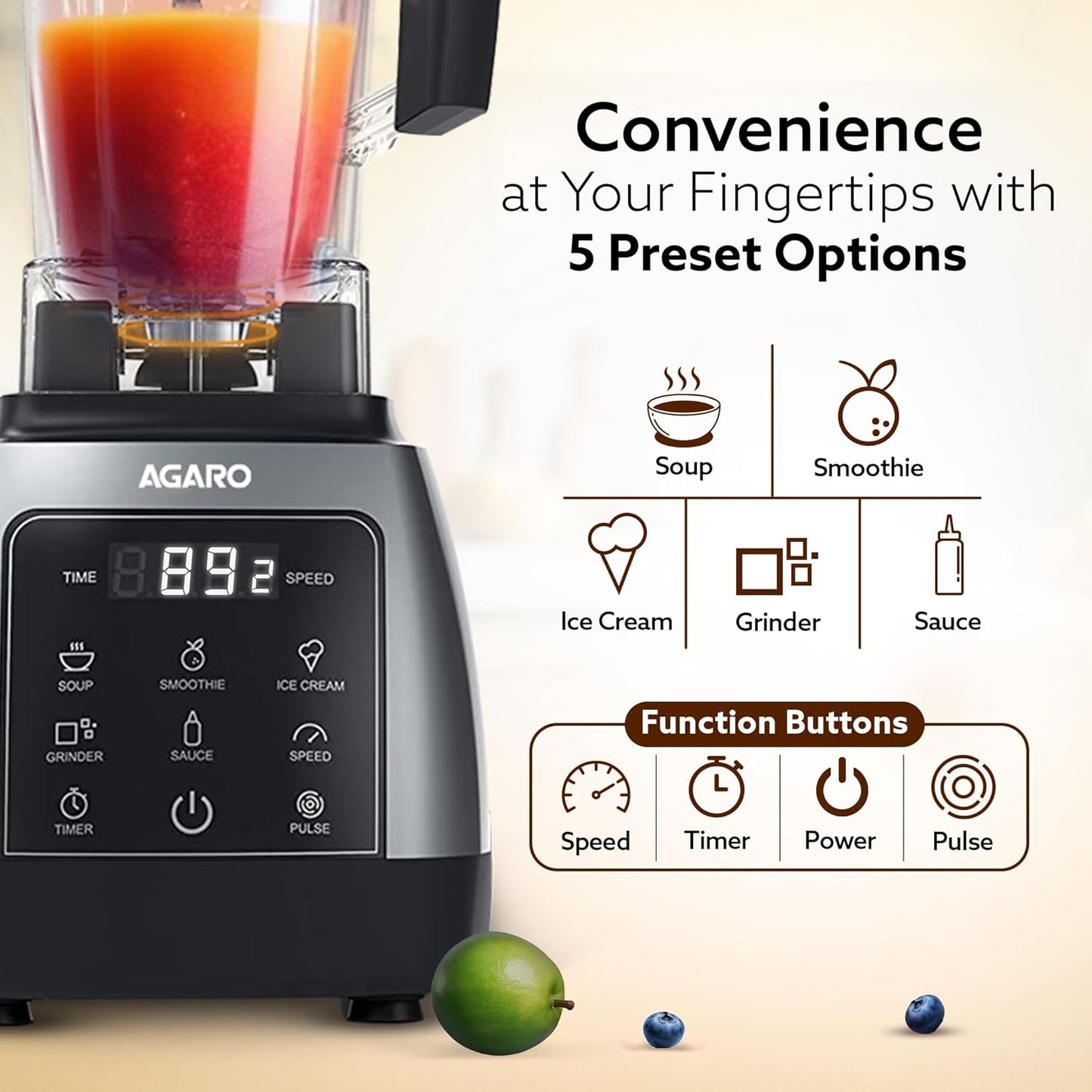 Agaro Royal Professional Blender | 5 Preset Function | 2000W | 9 Speed | Black |