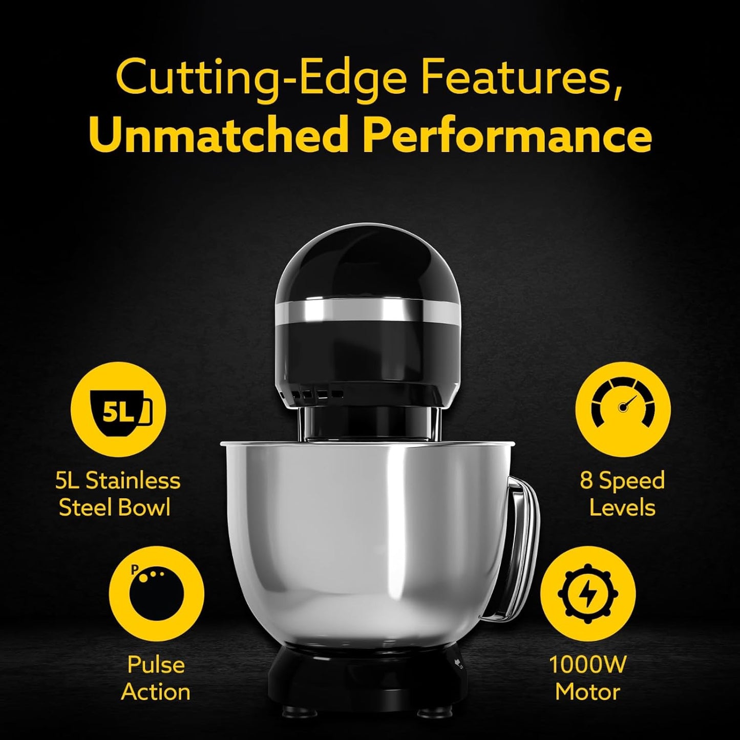 Agaro Royal Stand Mixer | 5 L | 1000W | 8 Speeds | Black |