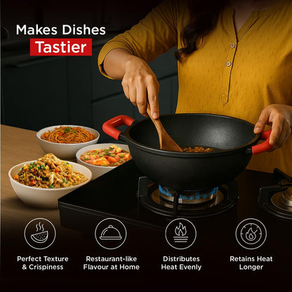 Pigeon Imperi Cast Iron Kadai with Glass Lid | Naturally Nonstick | Pre-Seasoned Kadai | Toxin Free |
