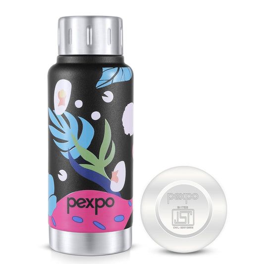 Pexpo Bravo Stainless Steel Water Bottle | 300 ml | Black Leaf-Printed | Hot & Cold |