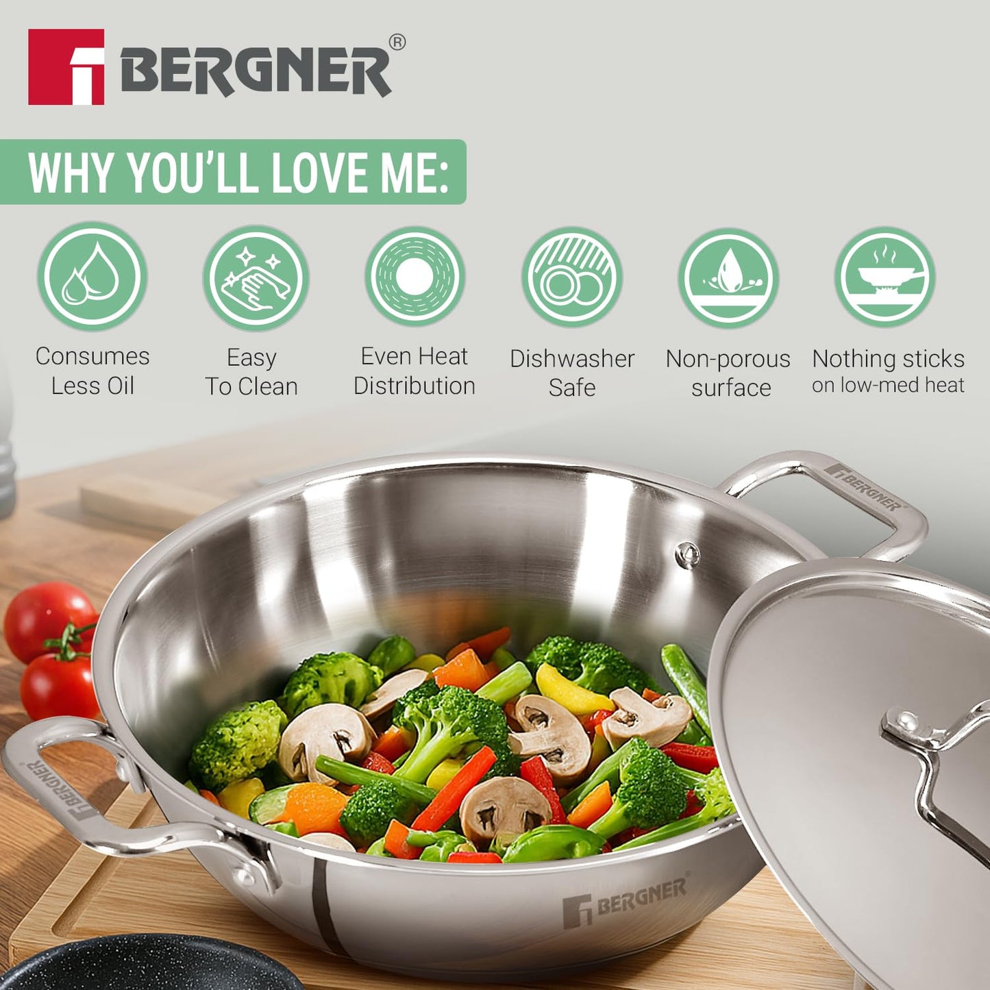 Bergner TriPro Triply Stainless Steel Kadai with Stainless Steel Lid | 24cm | Consumes Less Oil |Healthy Cooking |
