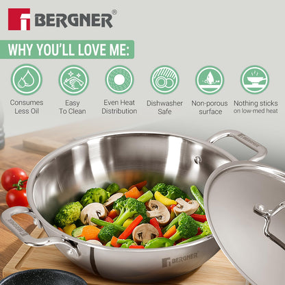 Bergner TriPro Triply Stainless Steel Kadai with Stainless Steel Lid | 24cm | Consumes Less Oil |Healthy Cooking |
