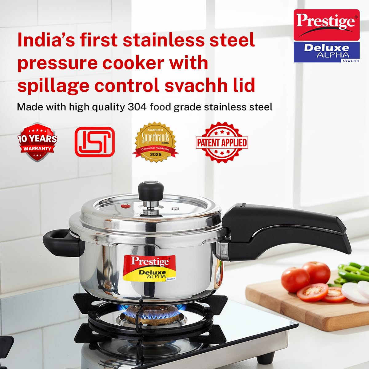Prestige Deluxe Stainless Steel Alpha Pressure Cooker | 3 Litre | 10 Year Warranty |