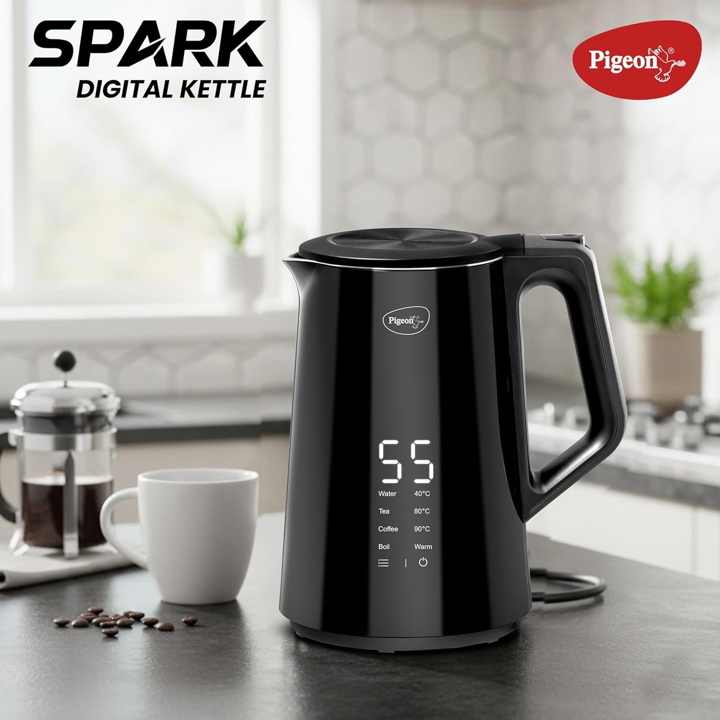 Pigeon Spark Digital Stainless Steel Double Walled Kettle | 1.5 Litre | 360 Degree Cordless | Black |
