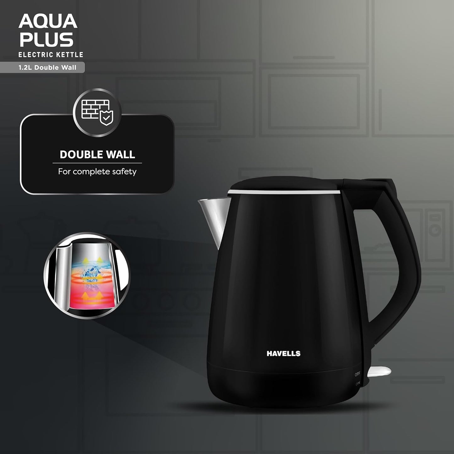 Havells Aqua Plus 1.2 litre Double Wall Kettle | 1250W | Black | Wider Mouth |
