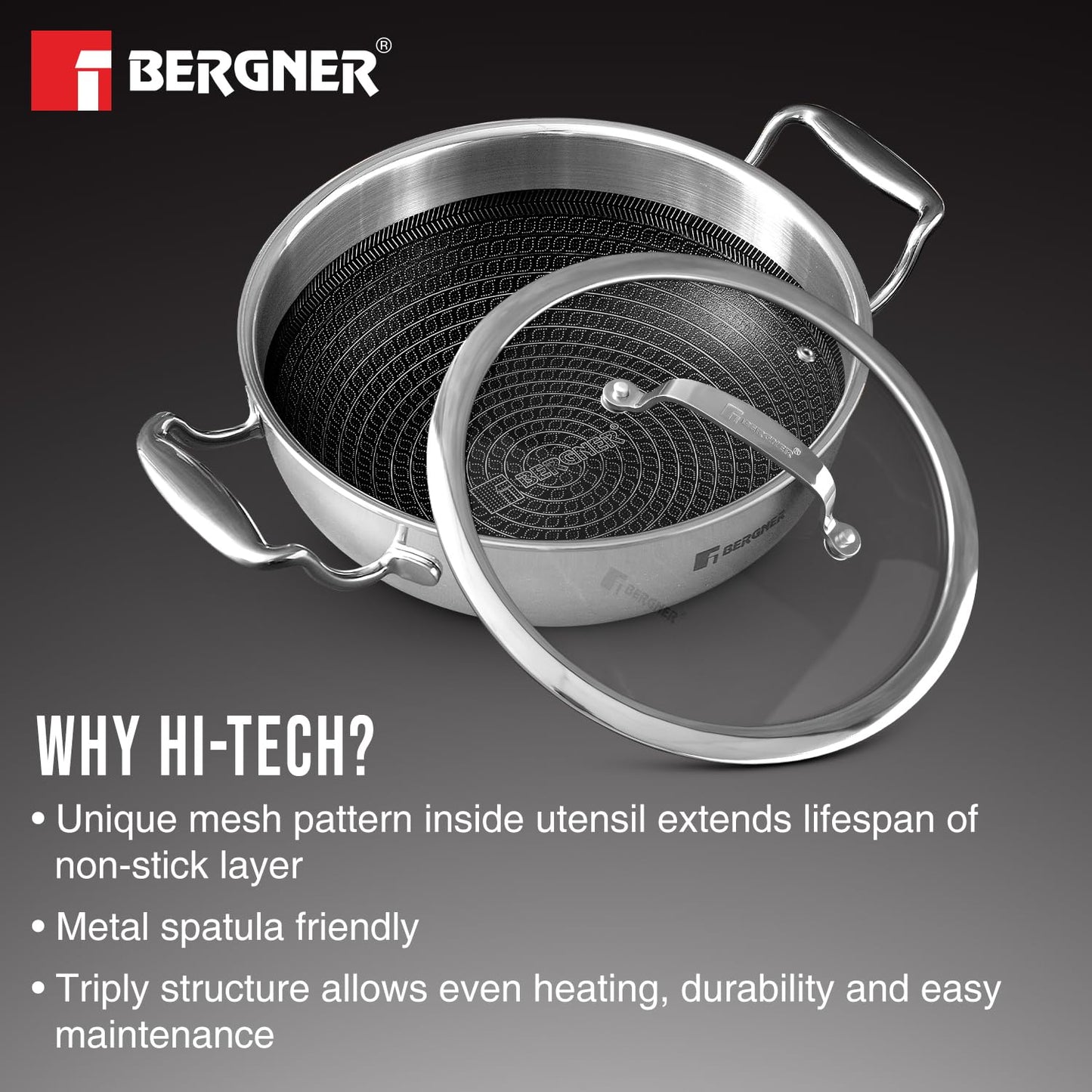 Bergner Hi-Tech TriPly Stainless Steel Kadai with Glass Lid | 20cm | 1.5 L | Non-Stick Coating |