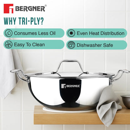 Bergner Argent Triply Deep Kadai with Stainless Steel Lid | Even Heat Distribution |