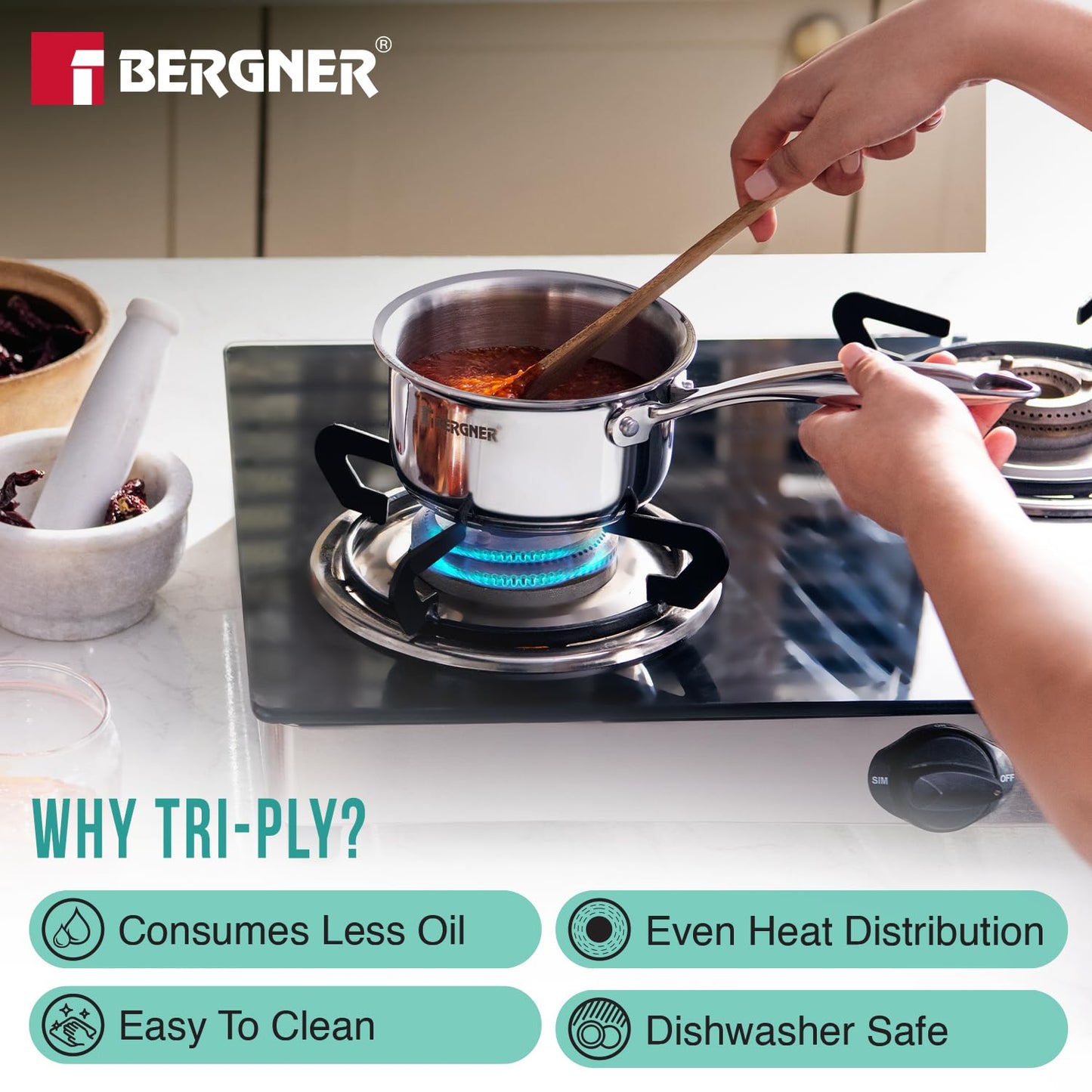 Bergner Argent Junior Chef Triply Stainless Steel Sauce Pan | 800 ml | 12 cm | Easy to Clean |