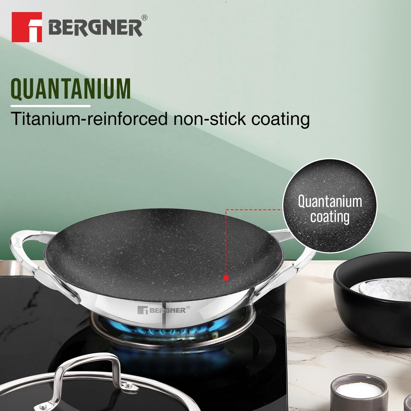 Bergner Argent Samsara Triply Non-Stick Appachetty with Glass Lid | 21 cm | Healthy Cooking |