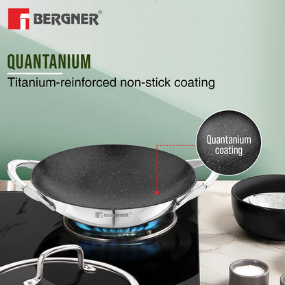 Bergner Argent Samsara Triply Non-Stick Appachetty with Glass Lid | 21 cm | Healthy Cooking |