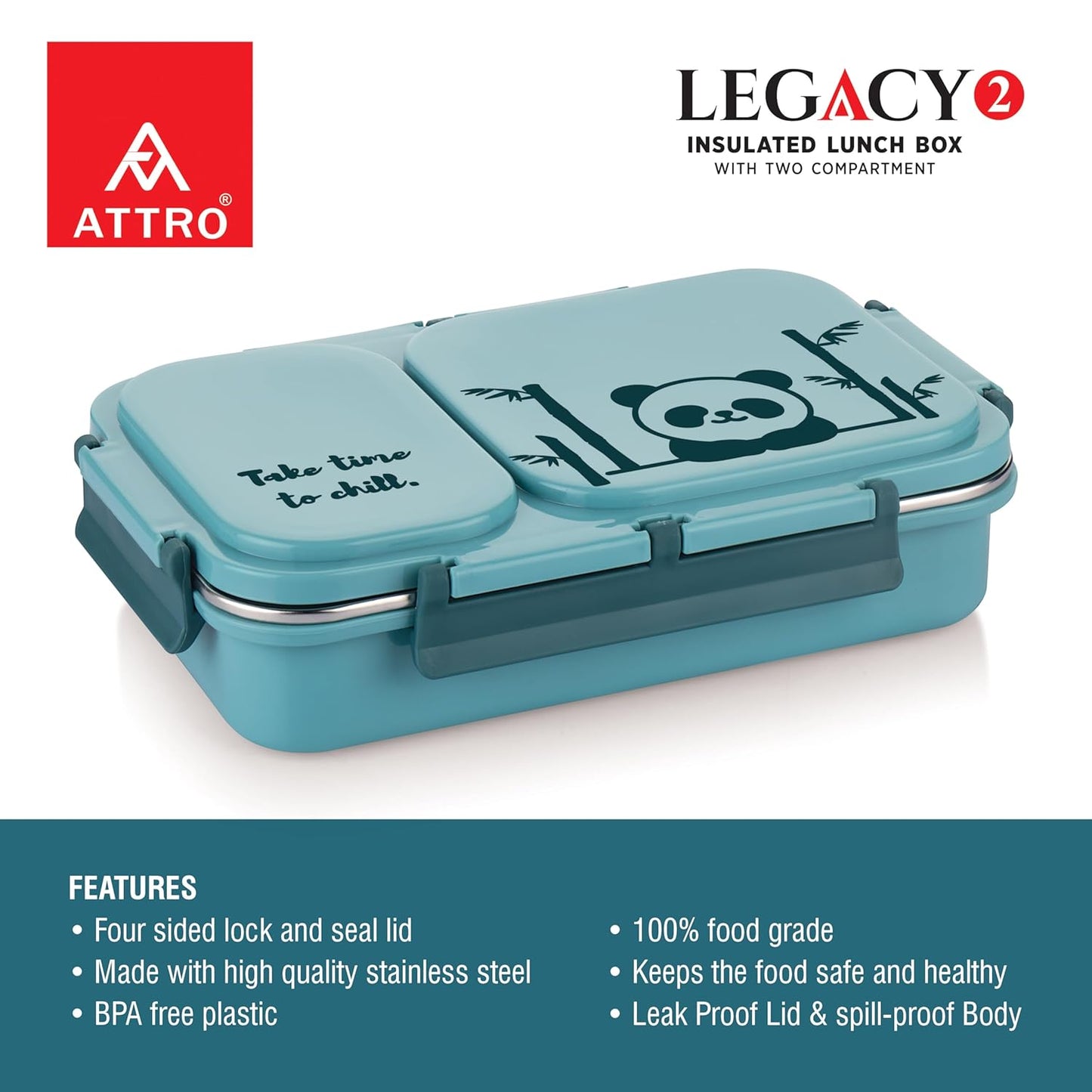 Attro Legacy Stainless Steel 2 Compartment Lunch Box | Blue | Dishwasher Safe |