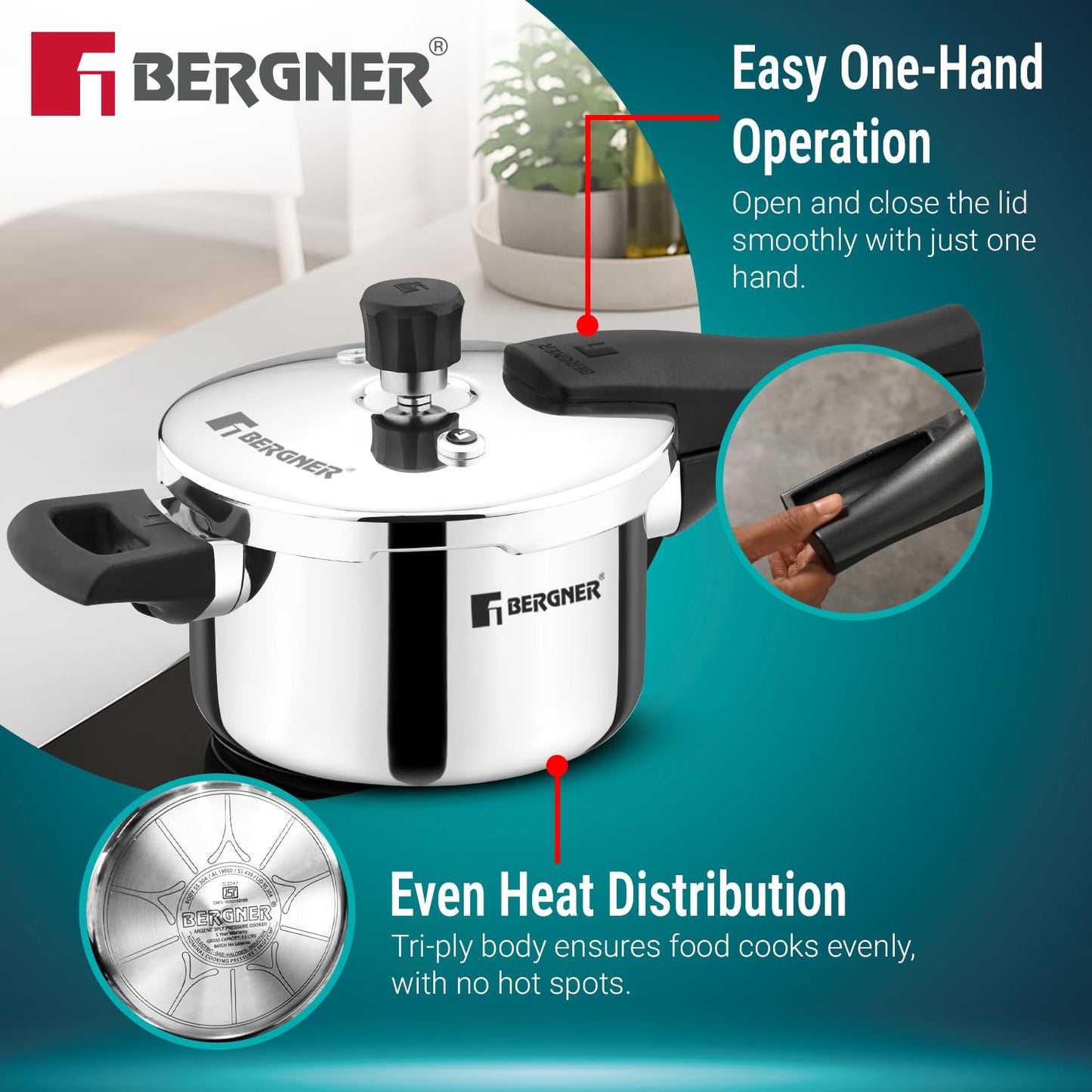 Bergner Argent Triply Stainless Steel Pressure Cooker | 2.5 Ltr |