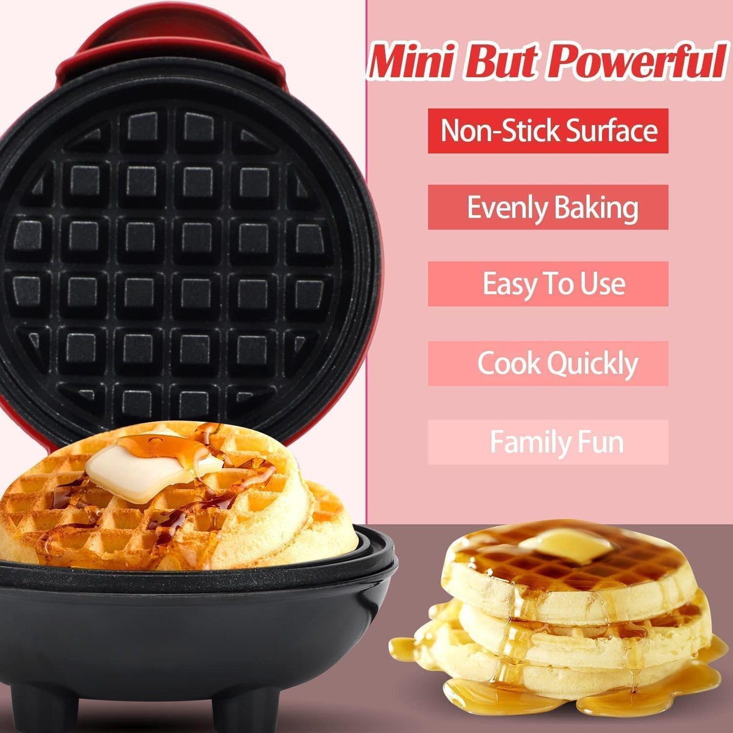 Mini Waffle Maker | Non-Stick | Double Sided Heating Plates | Red |