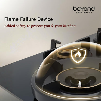 Beyond Appliances Zyra 4 Burner Smart Glass Hobtop Gas Stove | Full Brass Burner I Auto Ignition | Digital Timer | Flame Failure Device |