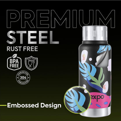 Pexpo Bravo Stainless Steel Water Bottle | 300 ml | Black Leaf-Printed | Hot & Cold |