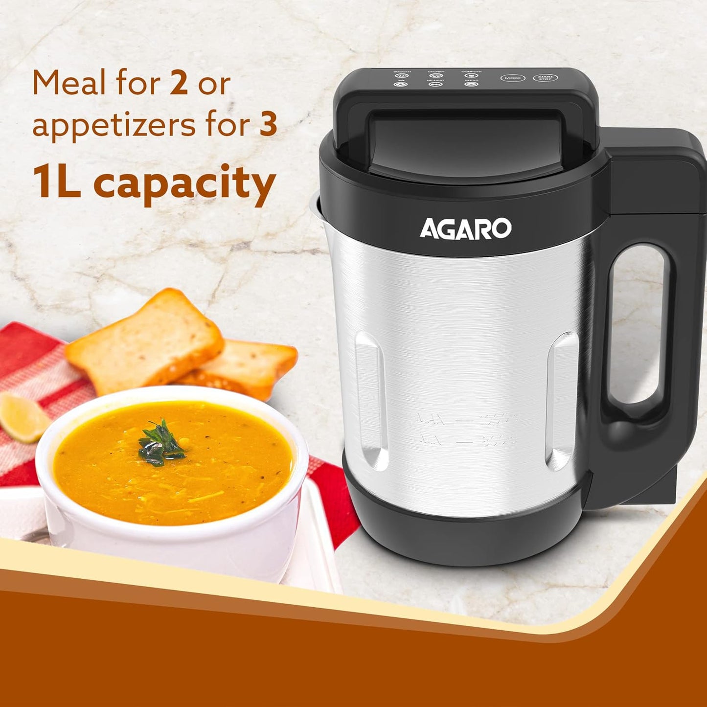 AgarElite Soup Maker | 1L | SS Blades | Grey | 6 Preset Cooking Functions |