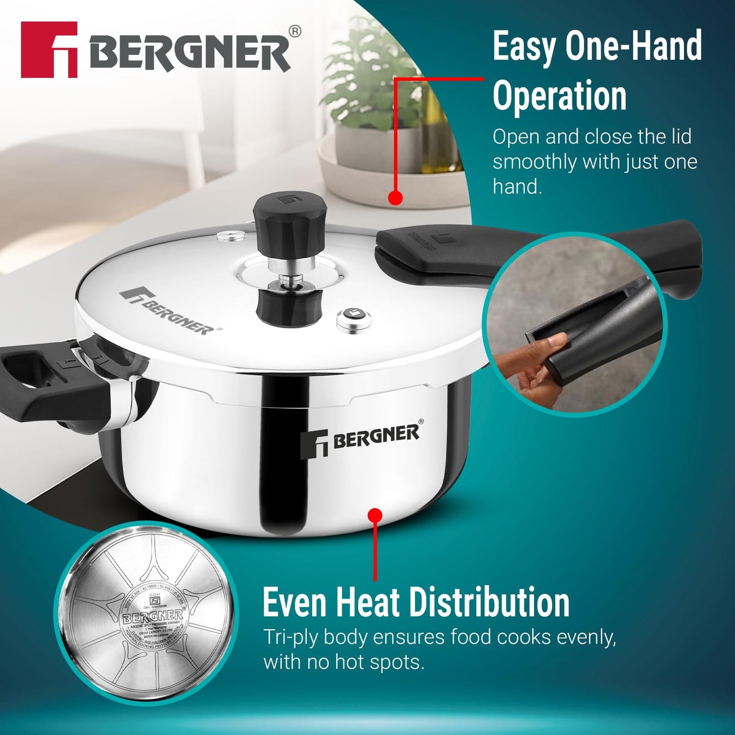 Bergner Argent Classic Triply Stainless Steel | 3.5 Litre | Even Heat Distribution |