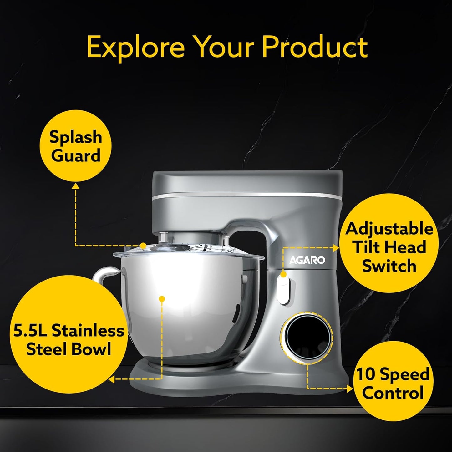 Agaro Elegant Stand Mixer | 5.5L | 1000W | 10 Speeds | Dark Grey |