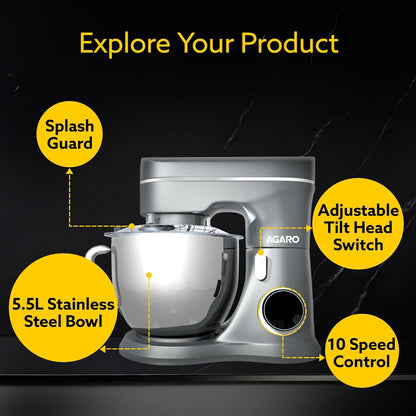 Agaro Elegant Stand Mixer | 5.5L | 1000W | 10 Speeds | Dark Grey |