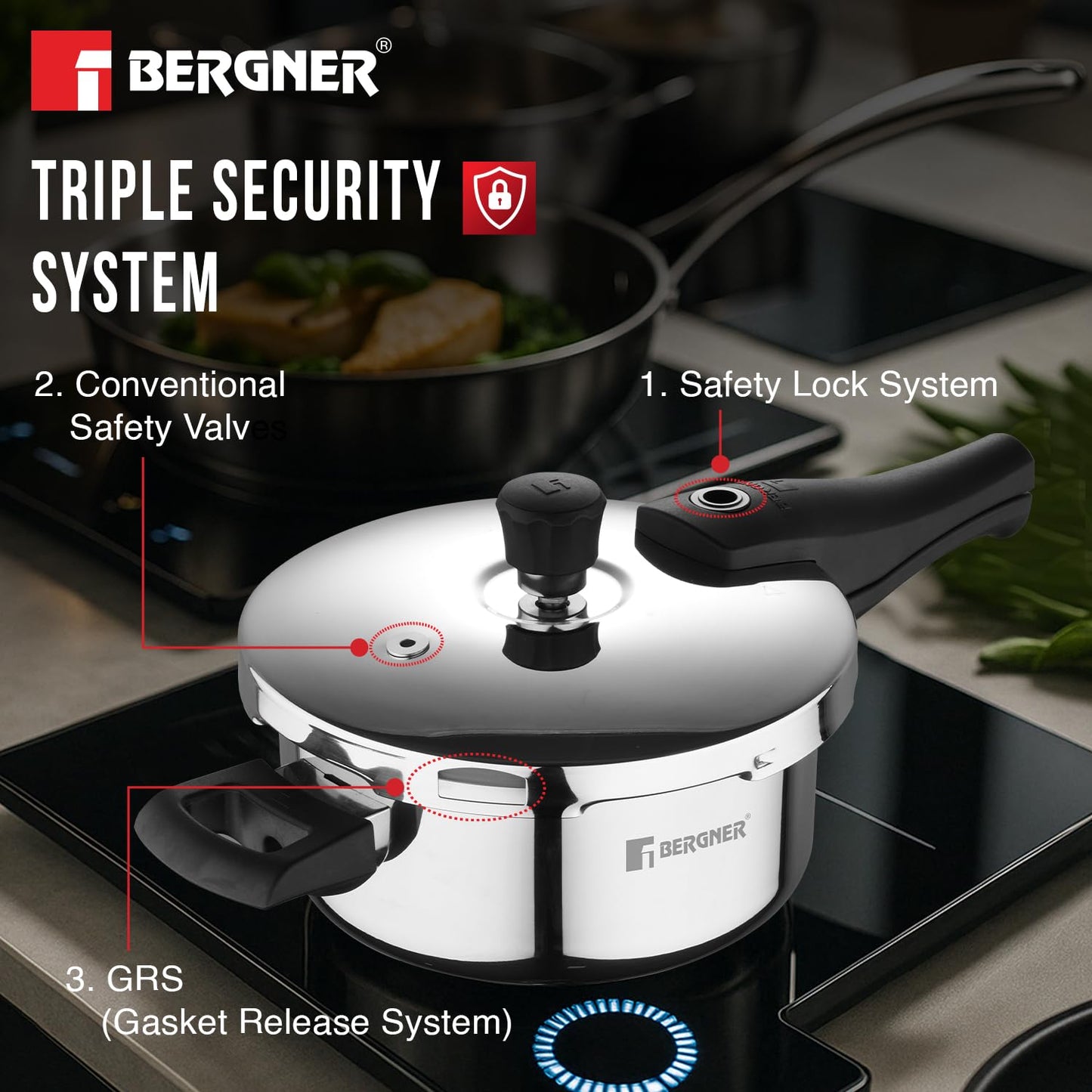 Bergner Argent Triply Stainless Steel Pressure Cooker | 2.5 Litres | Sturdy Handle |